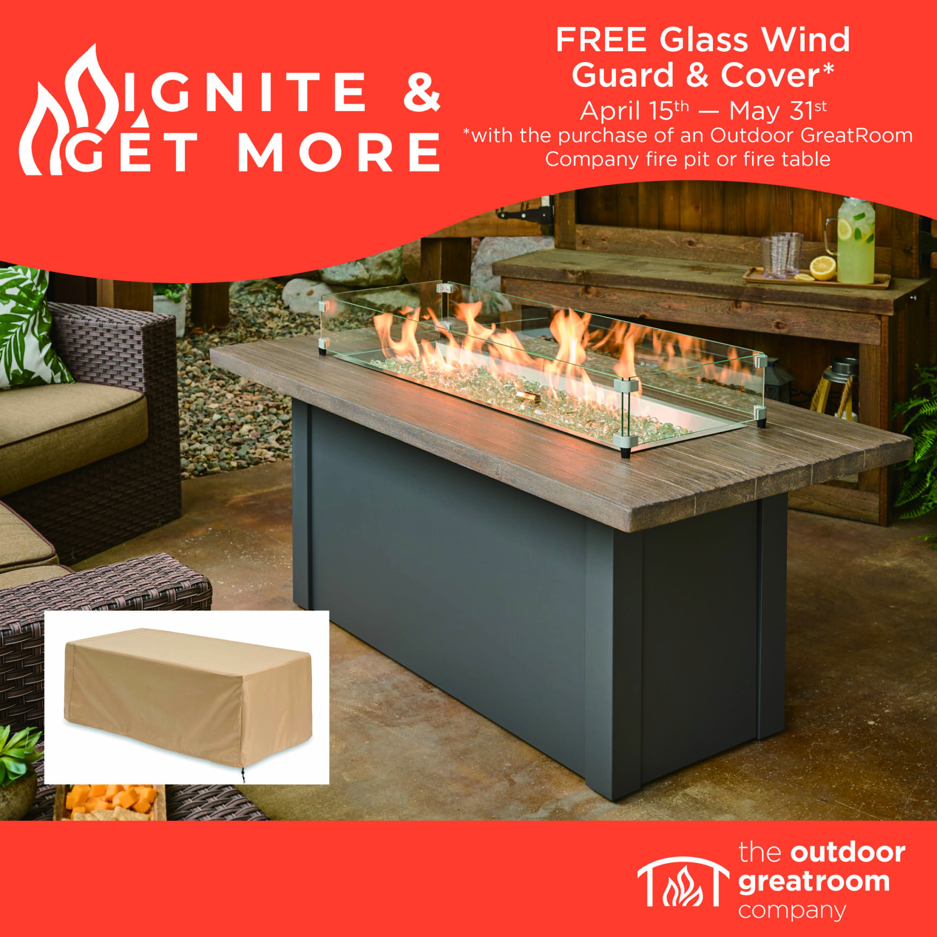 Fire pit glass wind guard promotional graphic with orange detailing. 